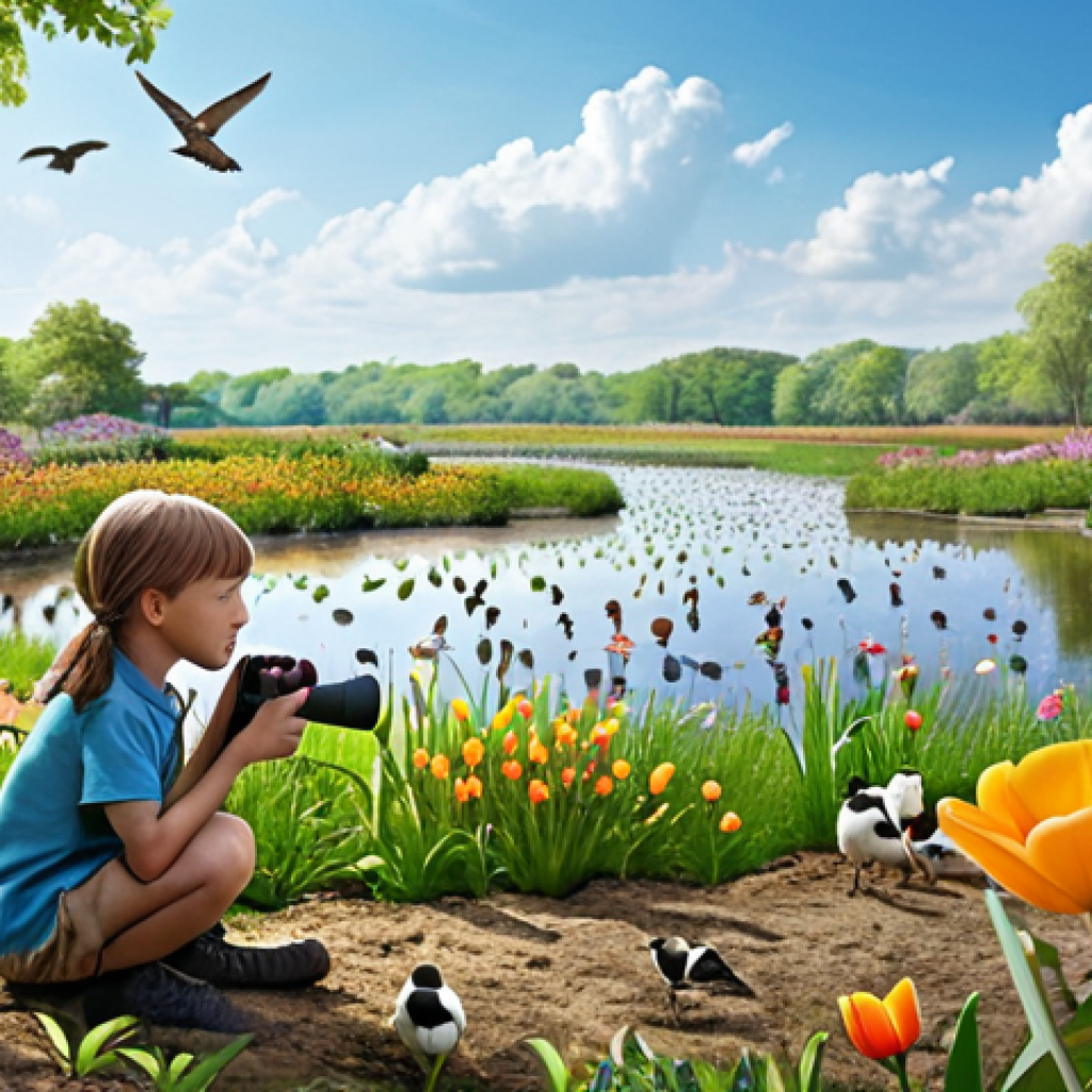 **

A vibrant spring scene. Children are planting seeds in a garden, with colorful flowers blooming around them. A birdwatcher is observing migratory birds in the distance, using binoculars. A lush wetland environment is visible nearby, showcasing diverse plant and animal life. The overall feeling should be one of new life and discovery.

**