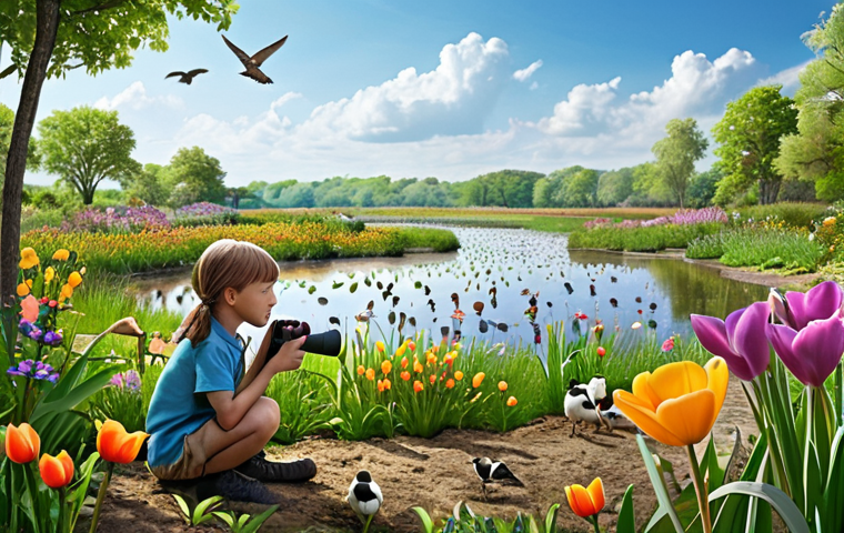**
A vibrant spring scene. Children are planting seeds in a garden, with colorful flowers blooming around them. A birdwatcher is observing migratory birds in the distance, using binoculars. A lush wetland environment is visible nearby, showcasing diverse plant and animal life. The overall feeling should be one of new life and discovery.
**